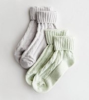 New Look 2 Pack Green and Grey Cable Knit Socks